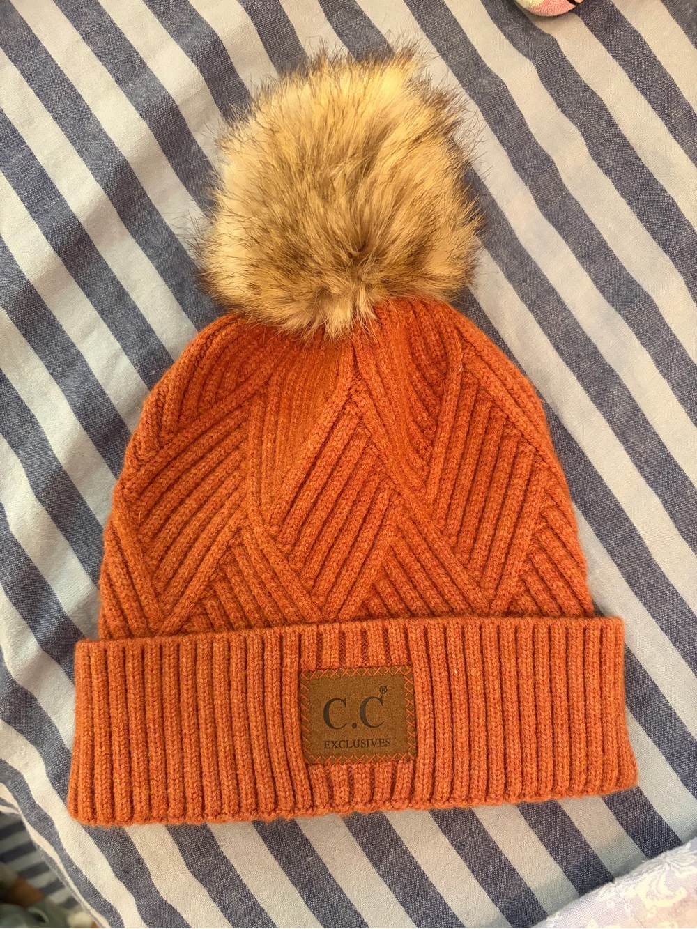 C.C Rust Orange Knit Beanie with Faux Fur Pom